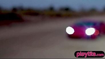 Big boobs gorgeous blonde MILF strips outdoors in her sports car